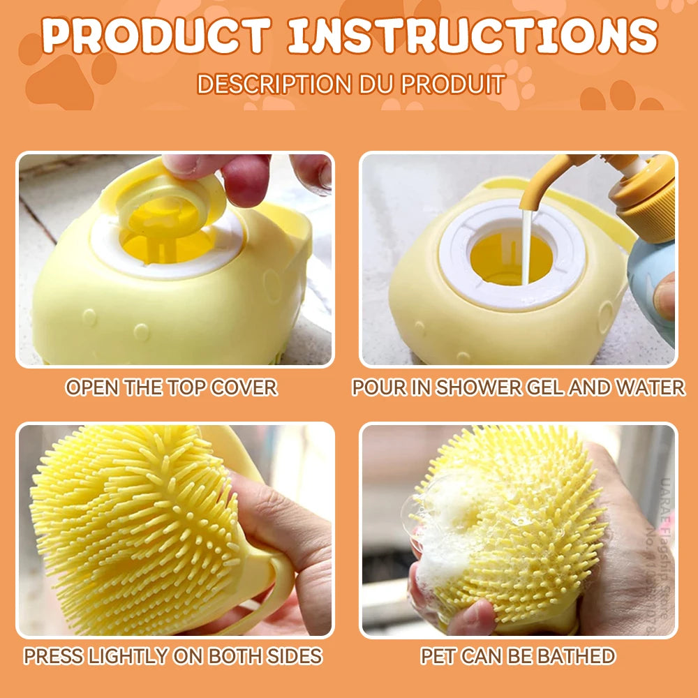 2-in-1 Pet Massage & Shower Brush – Soft Silicone Bristles with Shampoo Dispenser for Dogs