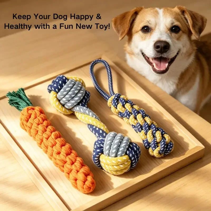 Dog Rope Chew Toys for Small & Medium Dogs, Plant-Dyed Cotton, Teeth Cleaning Toys, Carrot, Corn & Dumbbell Shapes