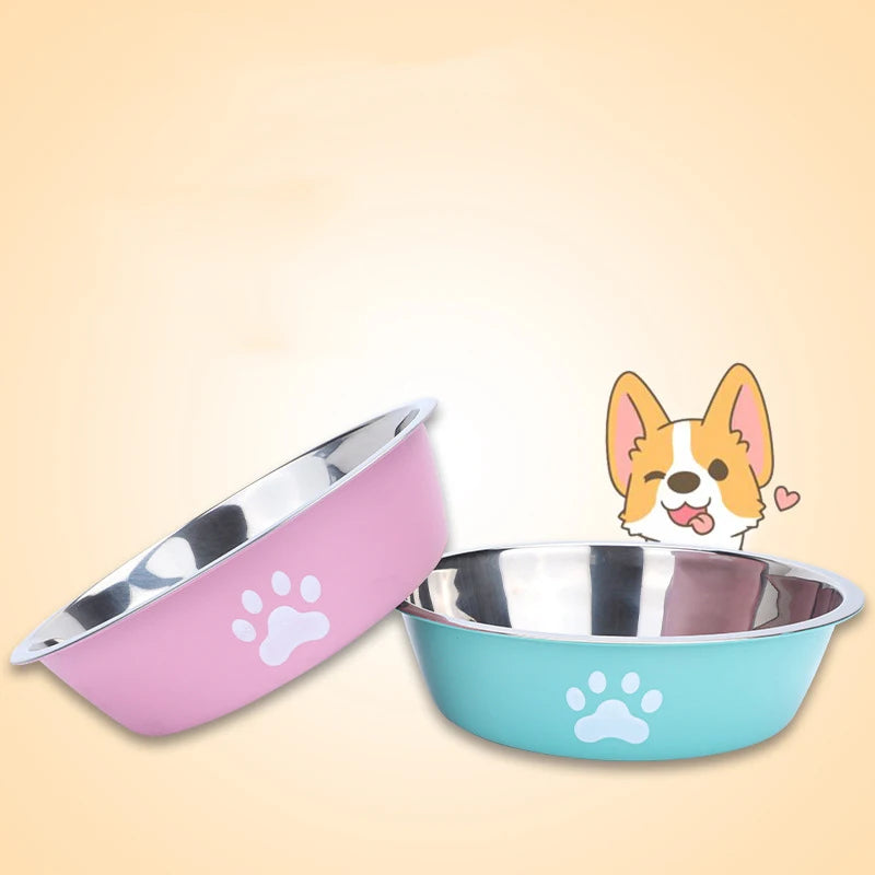 Stainless Steel Dog Bowl with Paw Print Design – Anti-Slip Silicone Base, Cat & Dog Feeding/Water Bowl