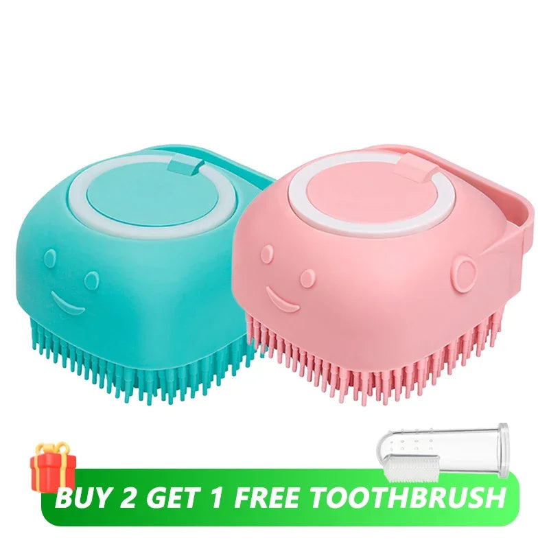 2-in-1 Pet Massage & Shower Brush – Soft Silicone Bristles with Shampoo Dispenser for Dogs