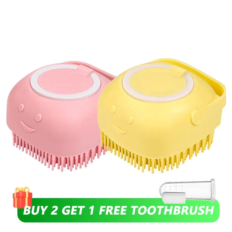 2-in-1 Pet Massage & Shower Brush – Soft Silicone Bristles with Shampoo Dispenser for Dogs