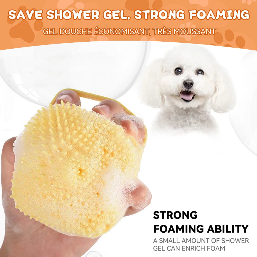 2-in-1 Pet Massage & Shower Brush – Soft Silicone Bristles with Shampoo Dispenser for Dogs