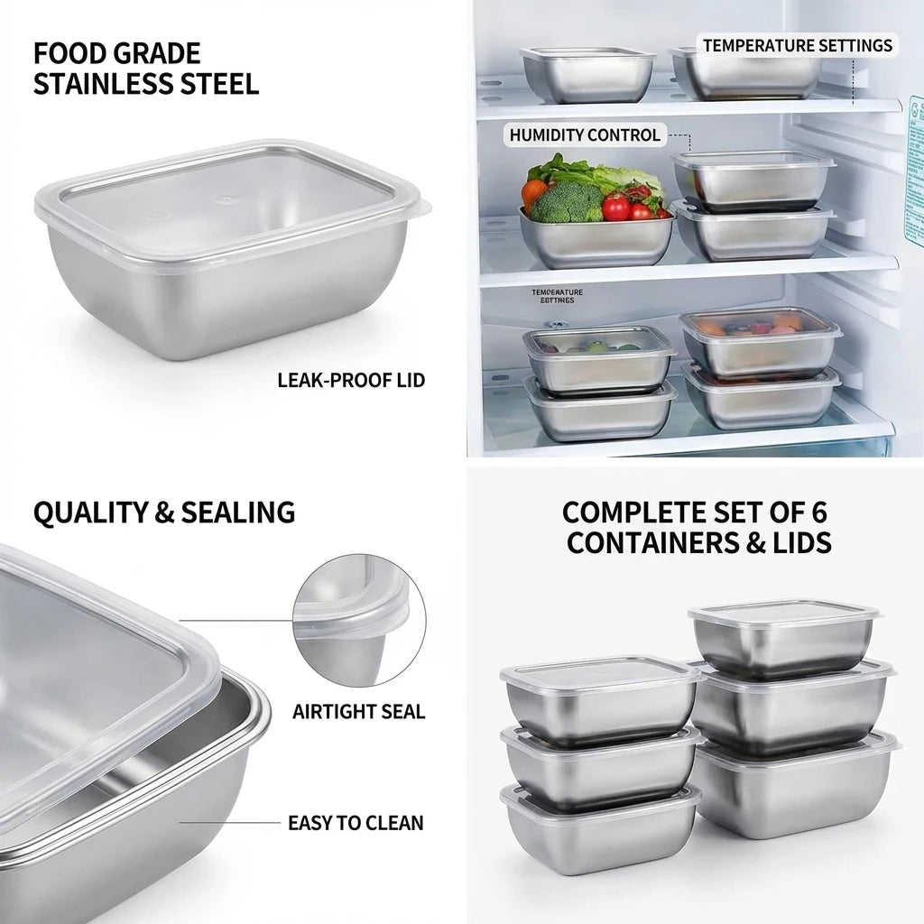 5-Piece Stainless Steel Food Storage Container Set | Stackable Meal Prep Lunch Boxes