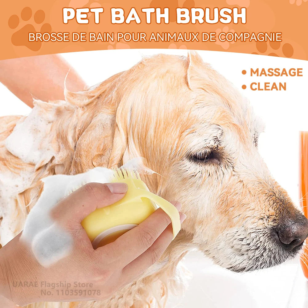 2-in-1 Pet Massage & Shower Brush – Soft Silicone Bristles with Shampoo Dispenser for Dogs
