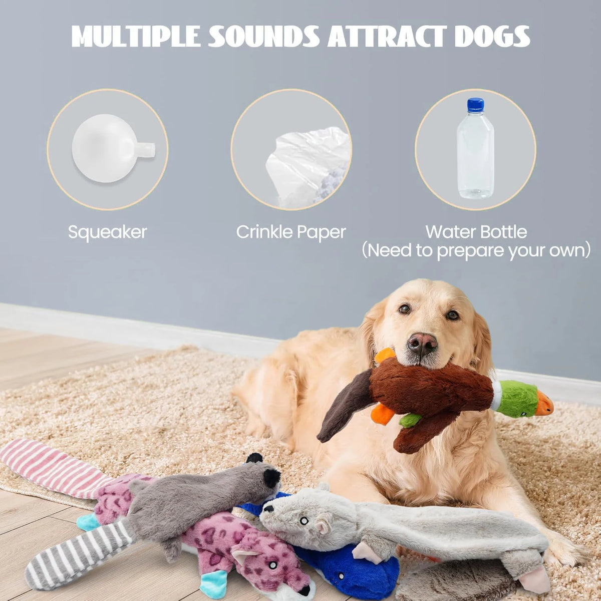 Squeaky Dog Toys No Stuffing, Crinkle Plush Puppy Toys for Small Medium Large Dogs, Interactive Boredom Toys