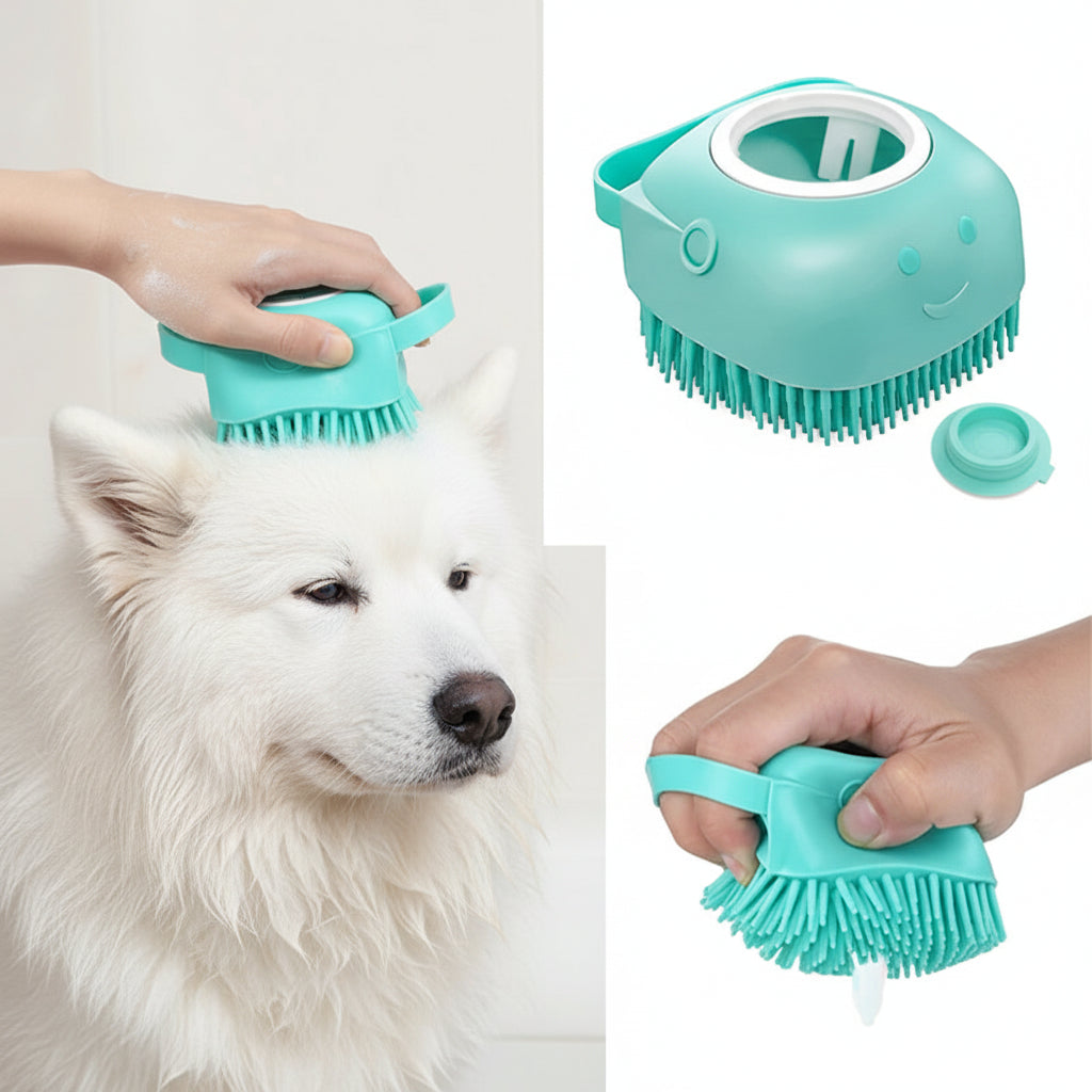 2-in-1 Pet Massage & Shower Brush – Soft Silicone Bristles with Shampoo Dispenser for Dogs