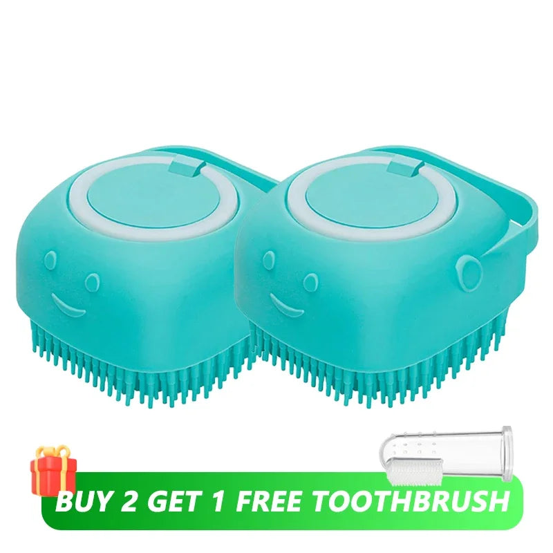 2-in-1 Pet Massage & Shower Brush – Soft Silicone Bristles with Shampoo Dispenser for Dogs
