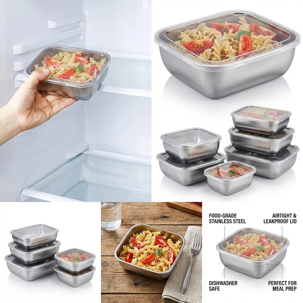 5-Piece Stainless Steel Food Storage Container Set | Stackable Meal Prep Lunch Boxes
