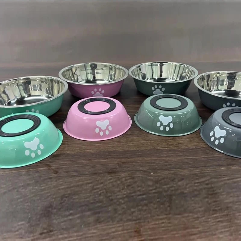 Stainless Steel Dog Bowl with Paw Print Design – Anti-Slip Silicone Base, Cat & Dog Feeding/Water Bowl